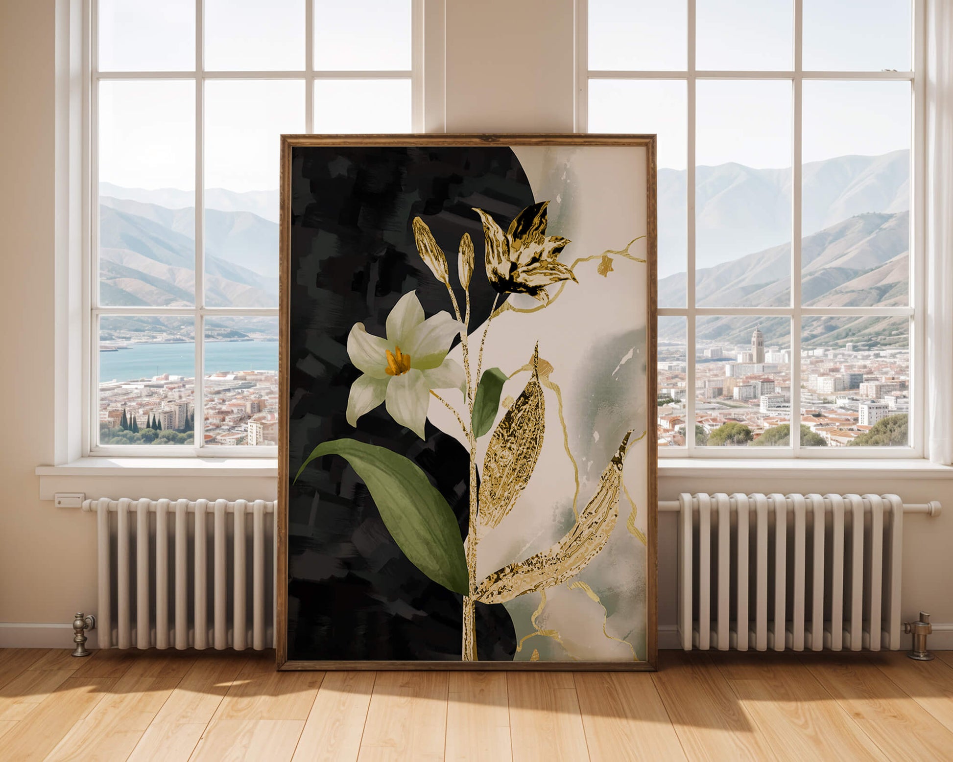 Diseño floral abstracto con detalles dorados y oscuros