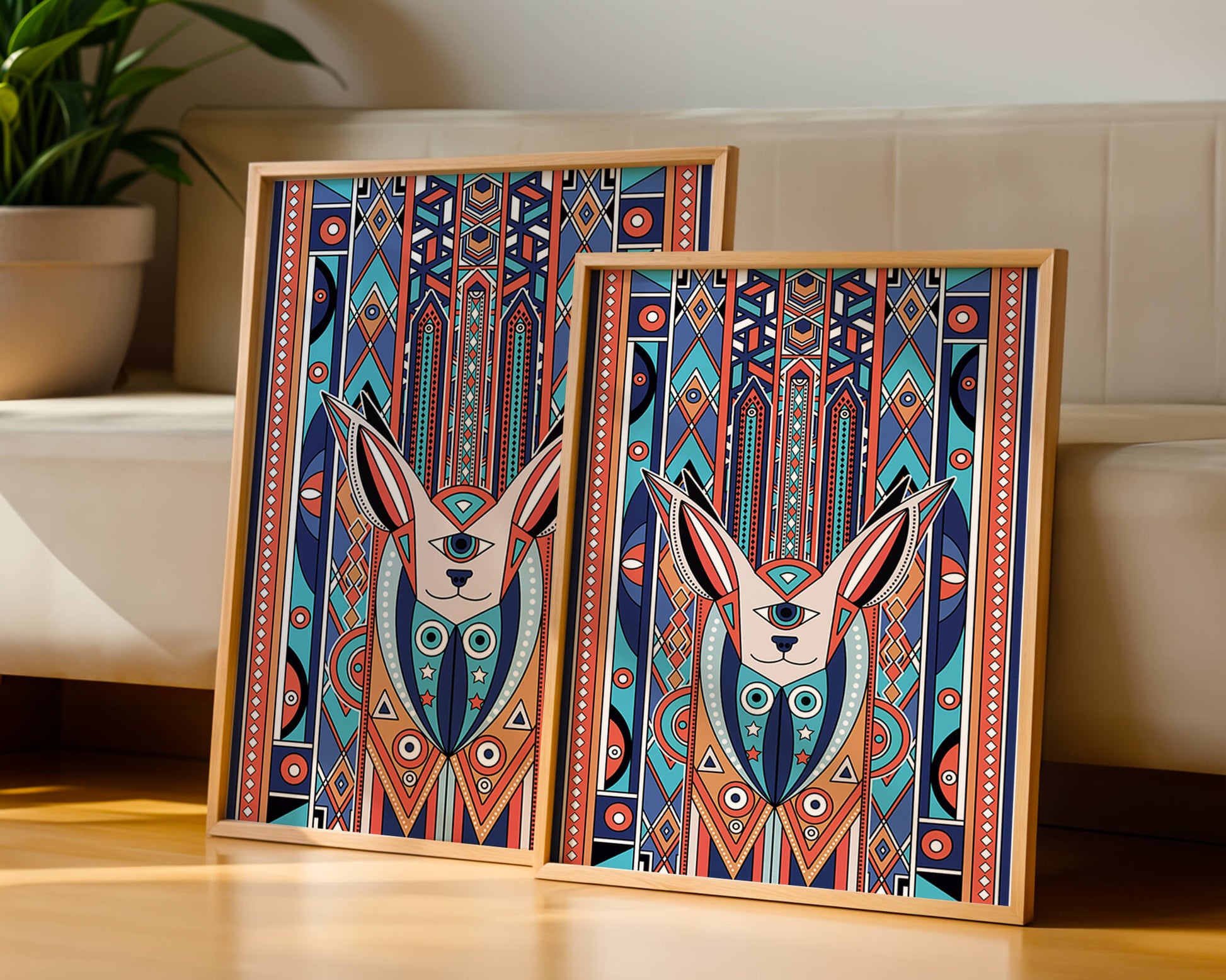 Diseño geométrico abstracto con motivo animal y patrones vibrantes