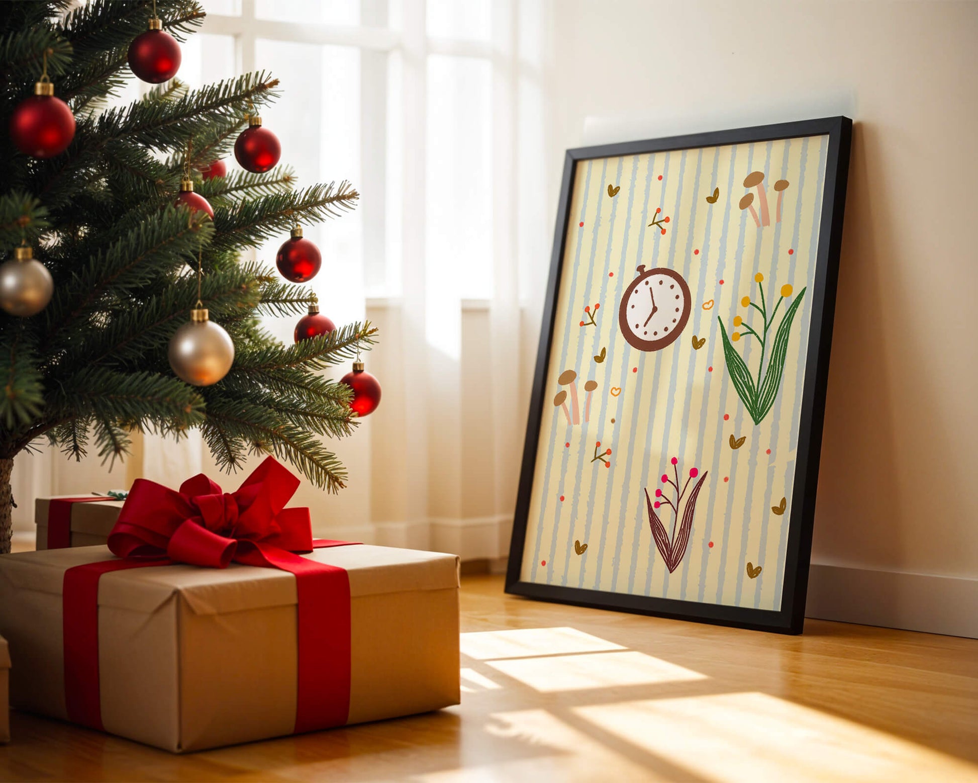 Whimsical pattern with clock, mushrooms, and florals on striped background