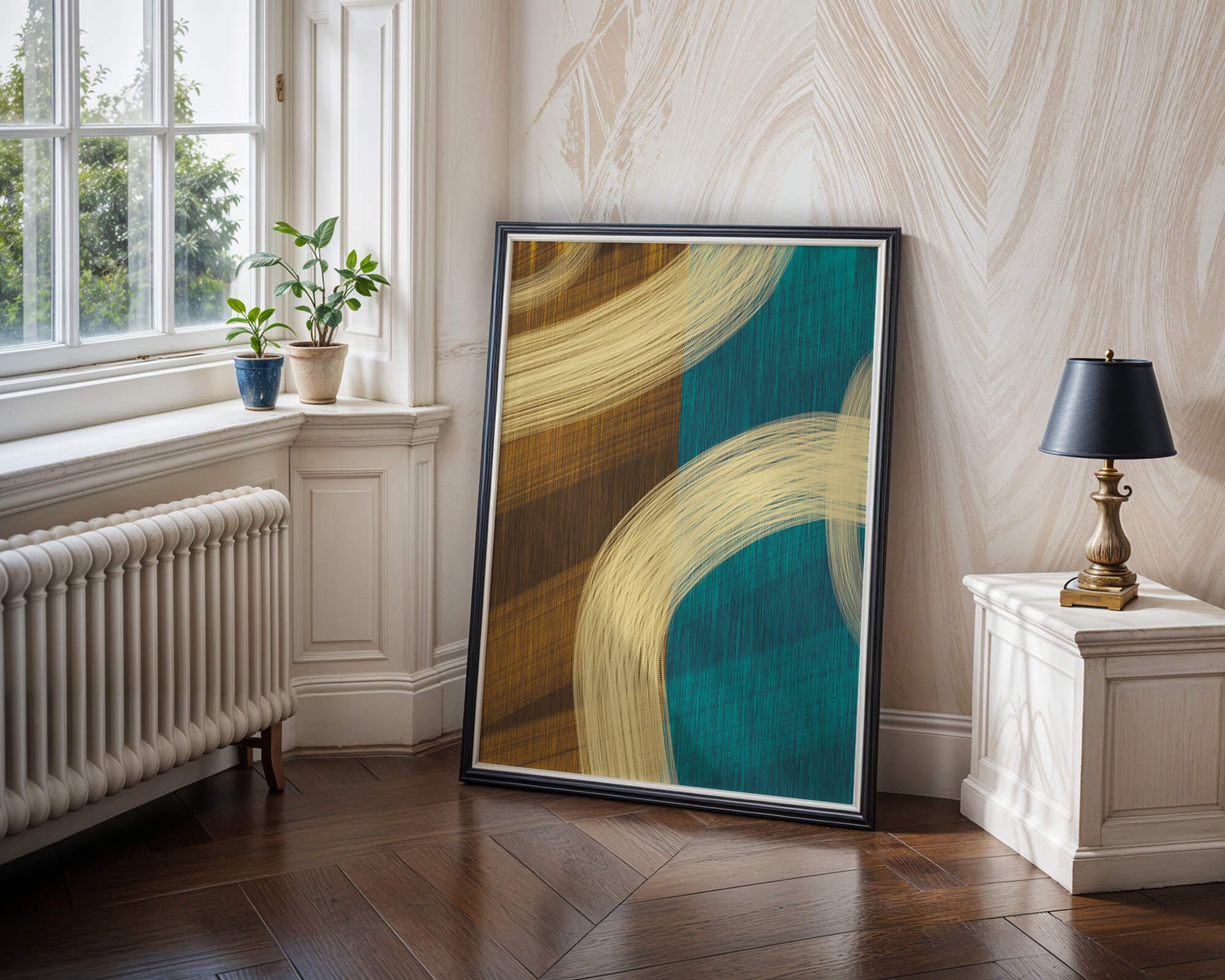 Abstract art with flowing brushstrokes and textured color contrast