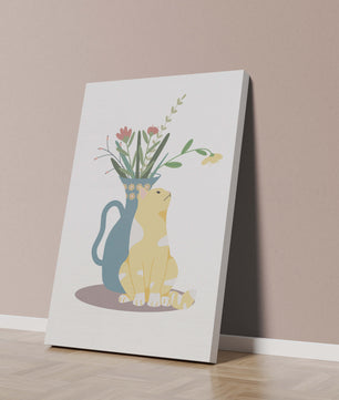 Ilustración de un gato sentado junto a un jarrón floral