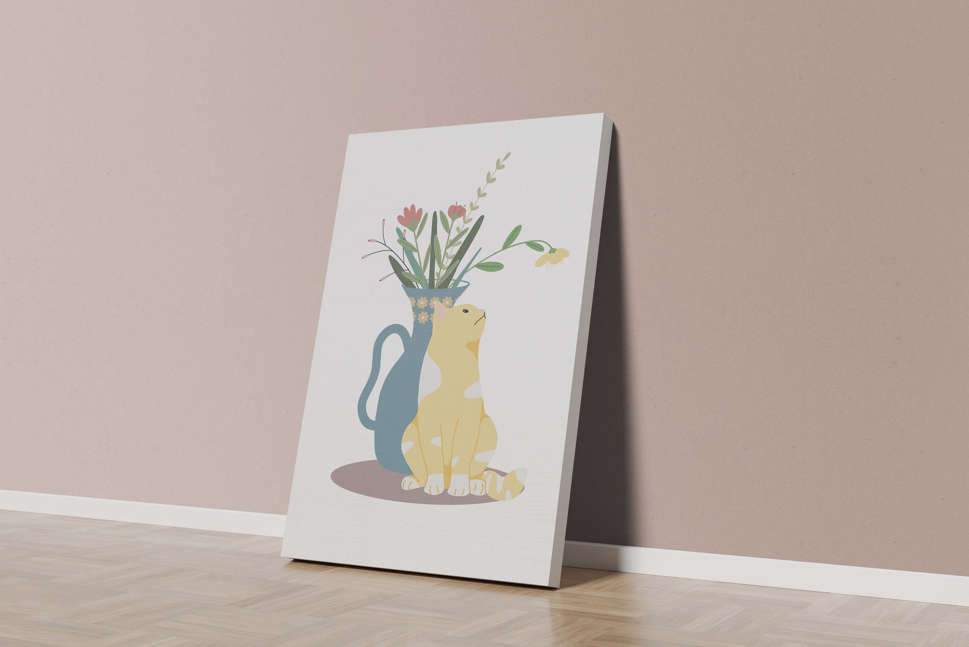 Illustration of a cat sitting beside a floral vase