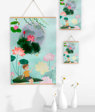 Serene illustration of a child in a lotus garden with vibrant flora