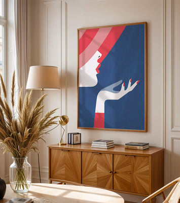 Elegant Woman with Red Hat and Stylized Hand