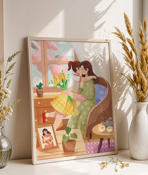 Mother and Daughter Embracing by the Window with Flowers