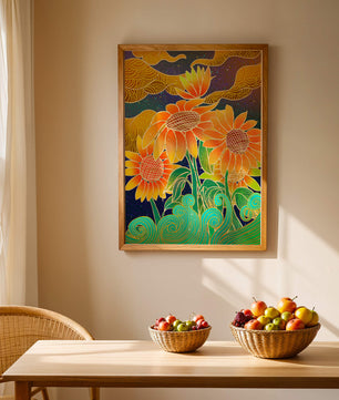 Vibrant sunflowers with intricate background patterns
