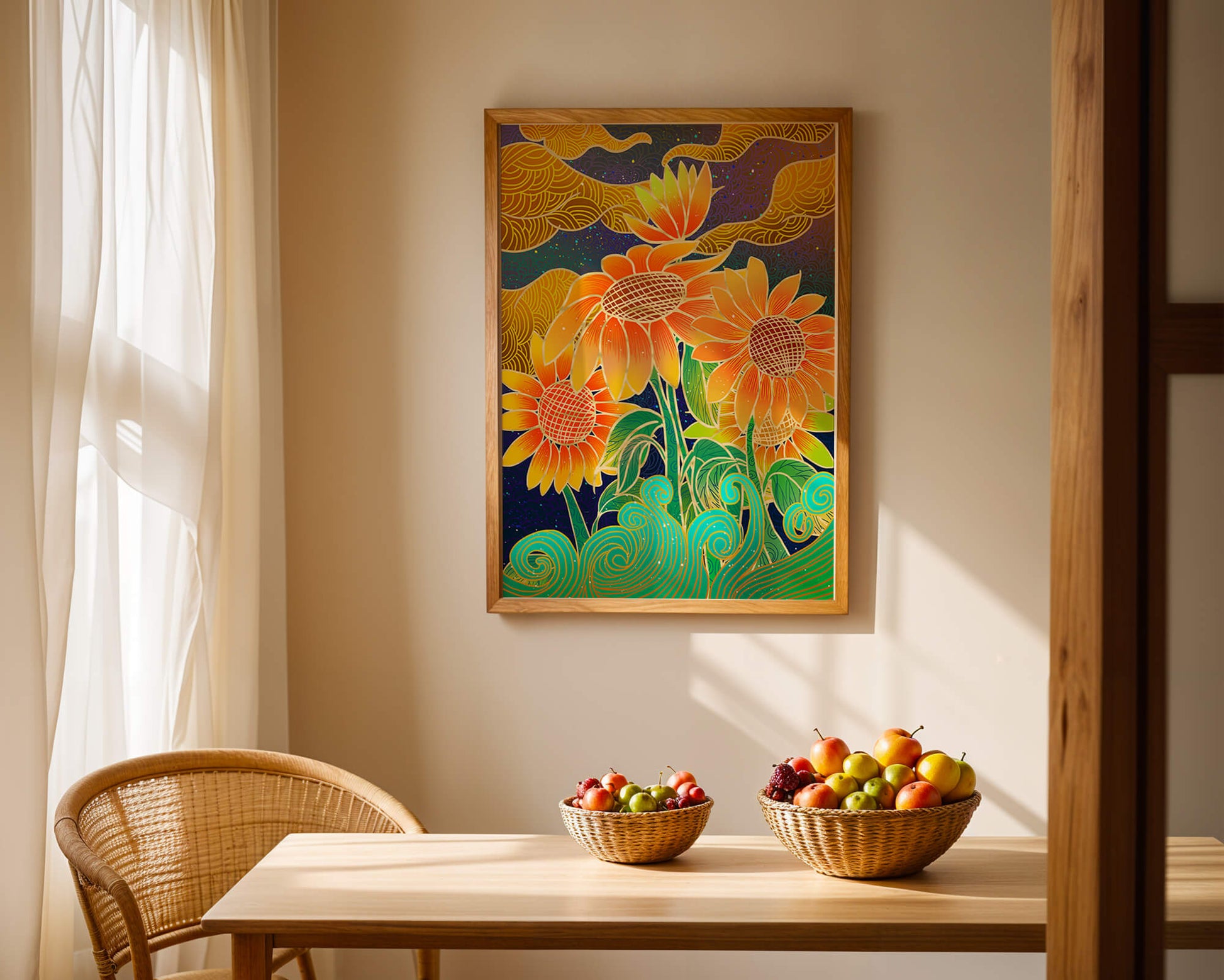 Vibrant sunflowers with intricate background patterns
