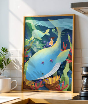 Fantasievolle Unterwasserszene mit einem Mädchen auf einem Wal und farbenfrohem Meeresleben