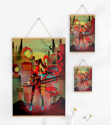 Futuristic warrior in a cyberpunk cityscape with swords and red accents