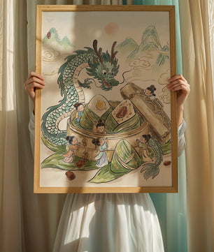 Dragon and Steamed Dumplings with Children in a Mountainous Landscape