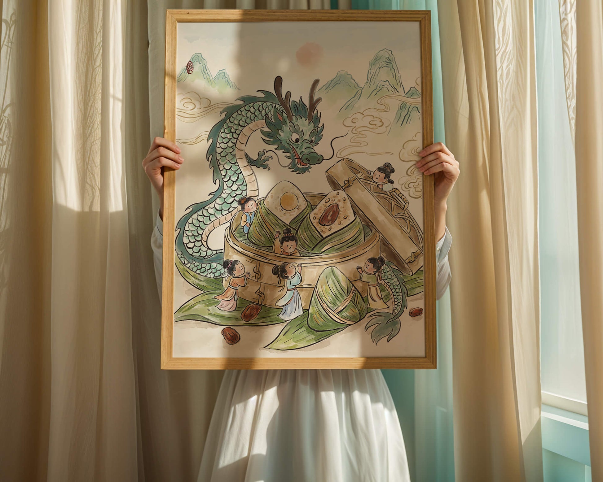 Dragón y dumplings al vapor con niños en un paisaje montañoso