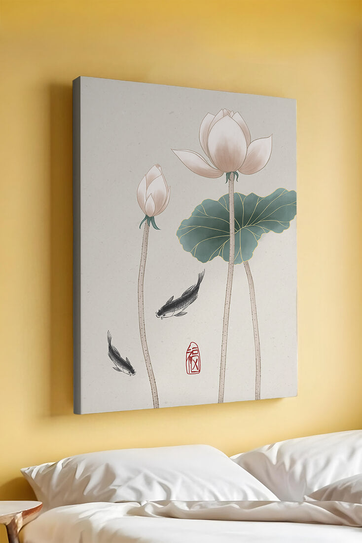 Lotus flowers and koi fish in minimalist Asian art illustration
