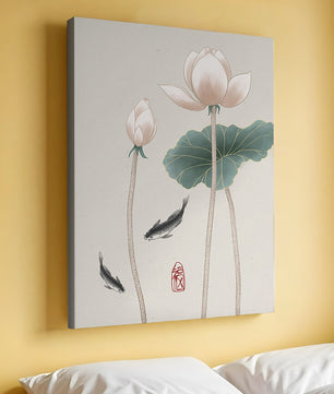 Fleurs de lotus et carpes koï dans une illustration d’art asiatique minimaliste