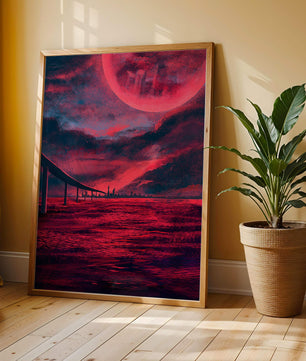 Surreal Scarlet Landscape with Bridge and Celestial Body