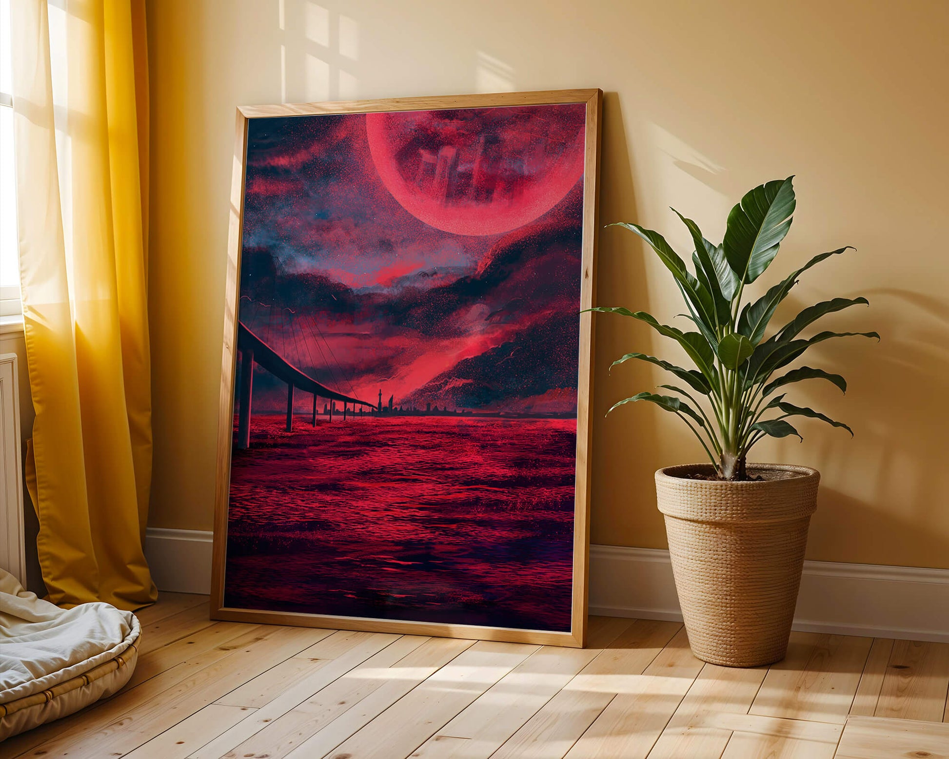 Surreal Scarlet Landscape with Bridge and Celestial Body