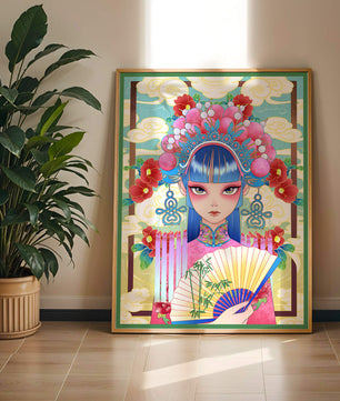 Ilustración elegante inspirada en el arte asiático con tocado elaborado y motivos florales