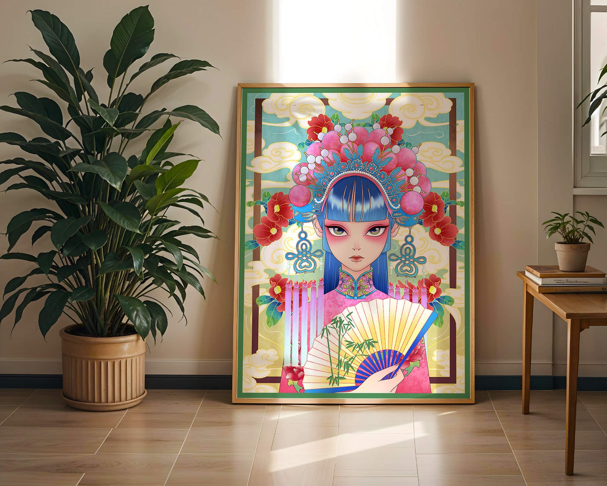 Ilustración elegante inspirada en el arte asiático con tocado elaborado y motivos florales