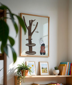 Illustration of a cat tree with a thoughtful cat in a sweater