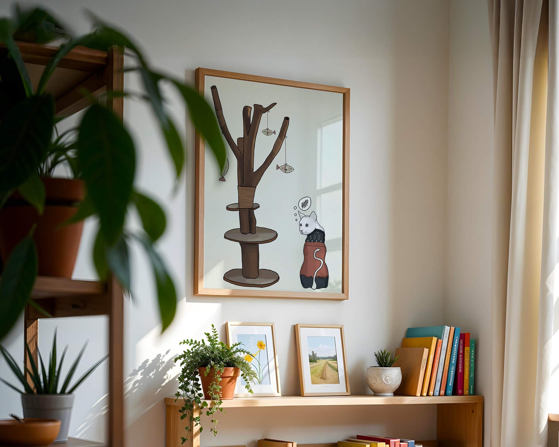 Illustration of a cat tree with a thoughtful cat in a sweater