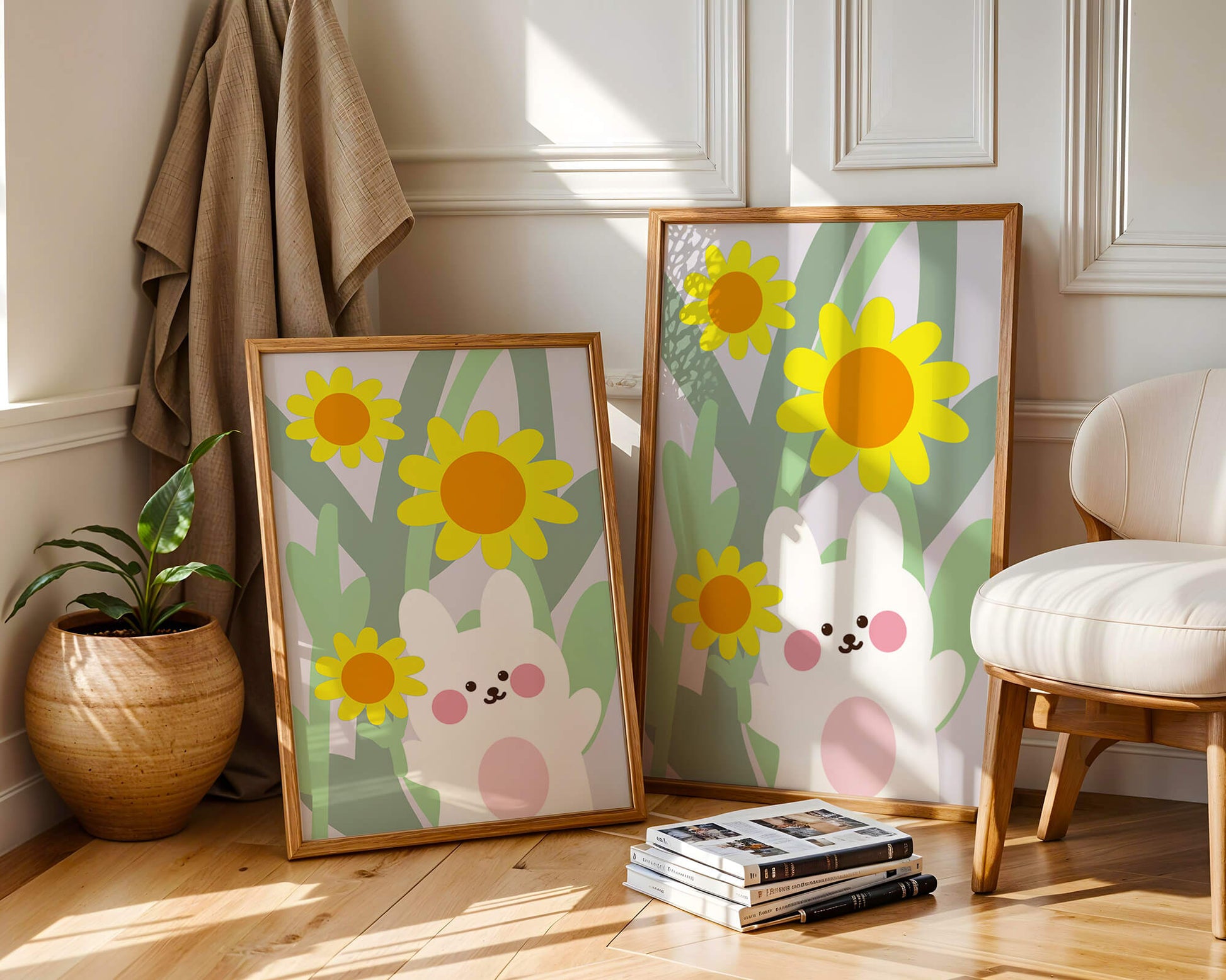 Adorable bunny with vibrant flowers cartoon illustration