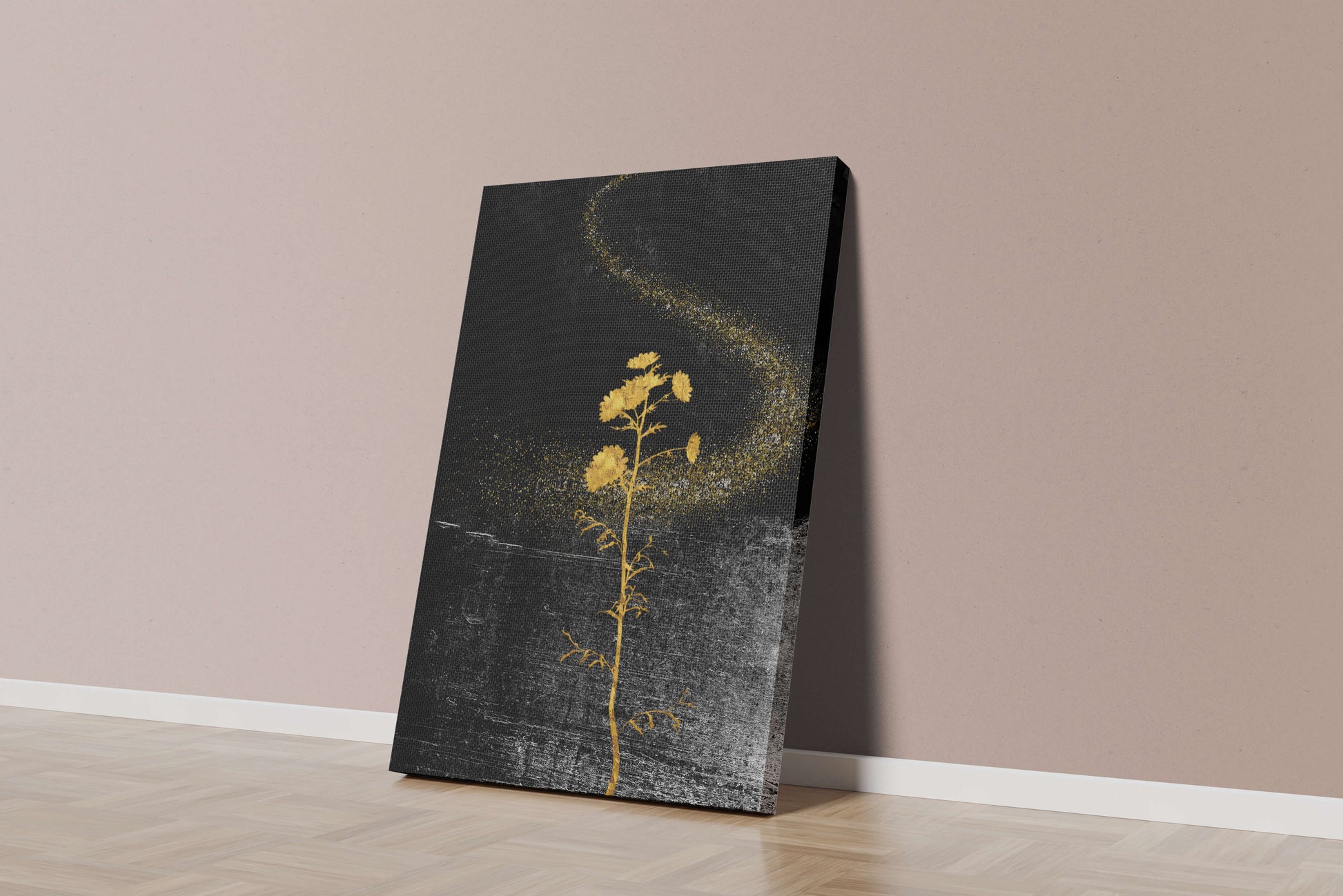 Golden Flowers on Black Background with Sparkling Dust