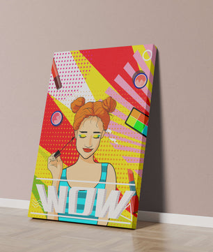 Ilustración de arte pop vibrante con una niña sonriente con maquillaje colorido y patrones audaces