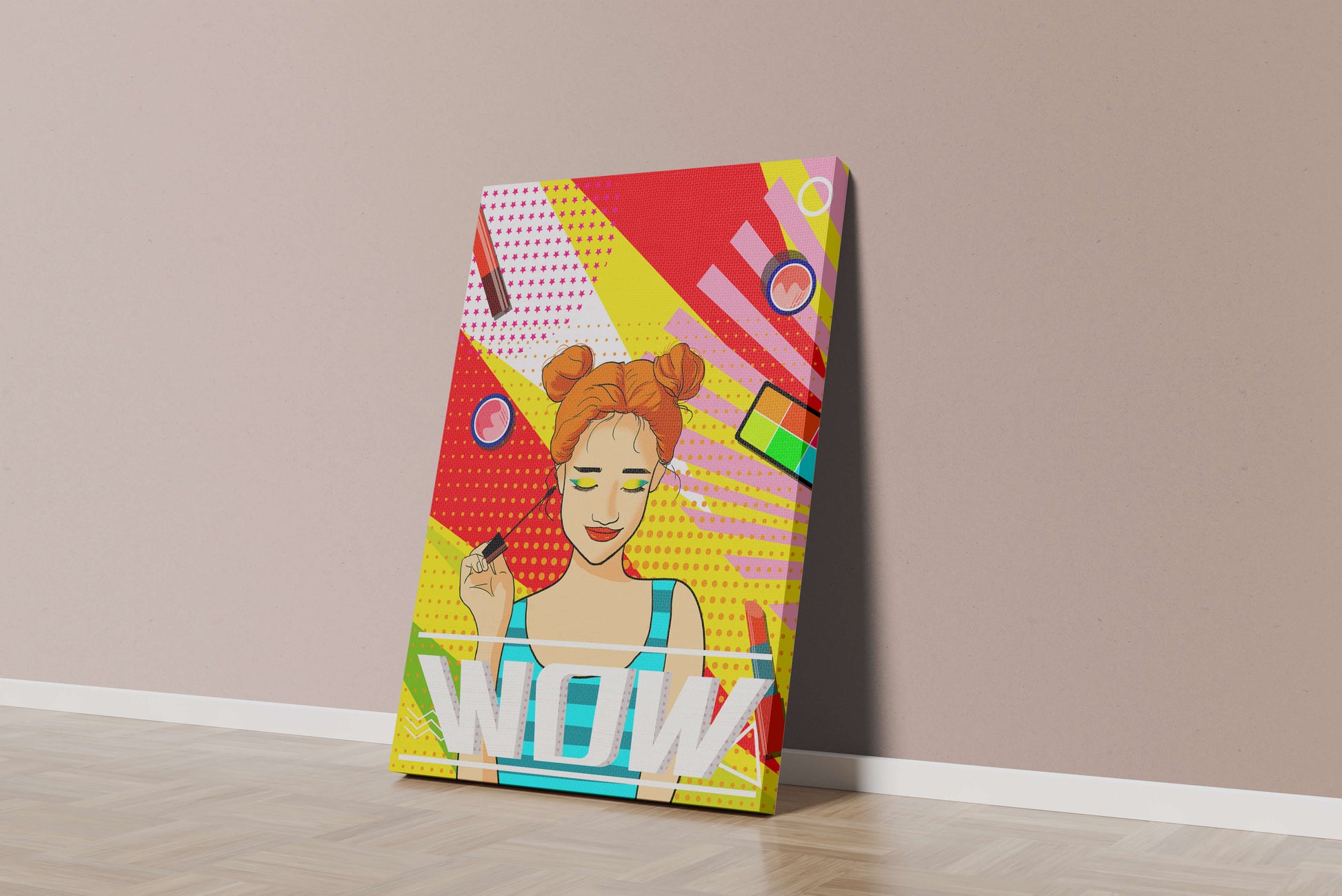 Ilustración de arte pop vibrante con una niña sonriente con maquillaje colorido y patrones audaces