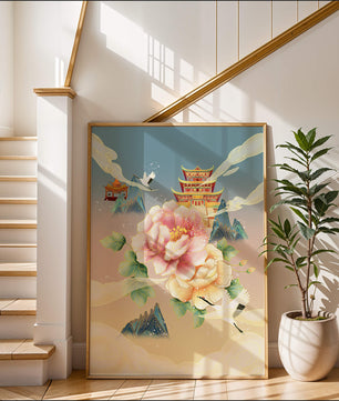 Elegant Asian Landscape With Pagoda, Cranes, and Peonies