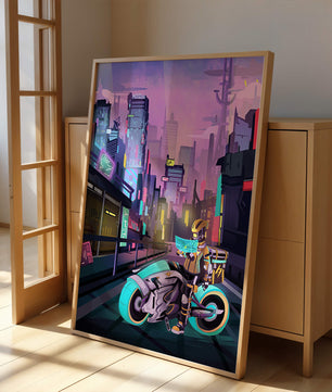 Futuristic Cyberpunk Cityscape with Neon Rider and Motorcycle