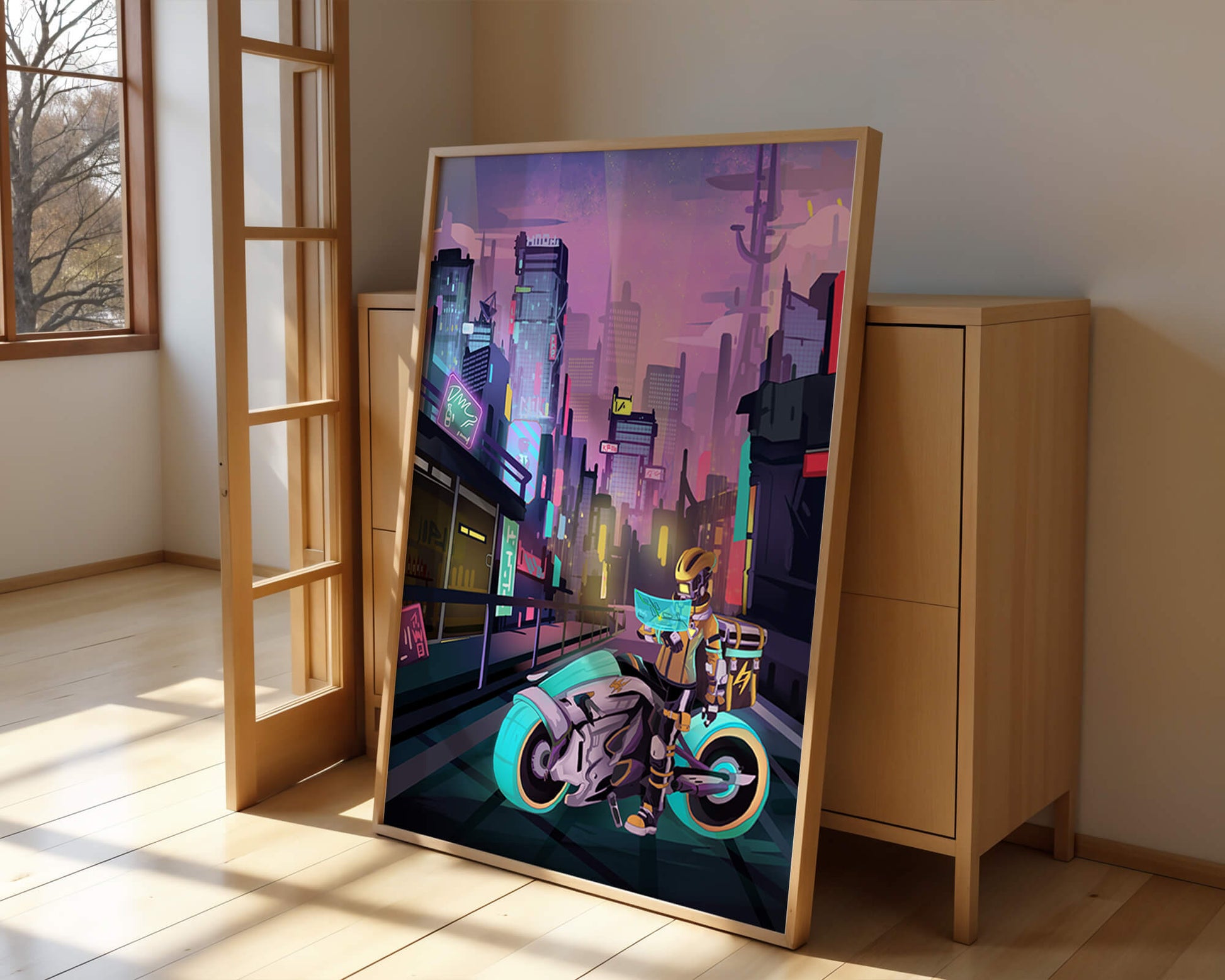 Futuristic Cyberpunk Cityscape with Neon Rider and Motorcycle
