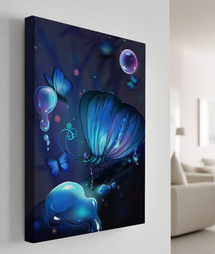 Illuminated Blue Butterflies with Glowing Bubbles in Enchanted Darkness