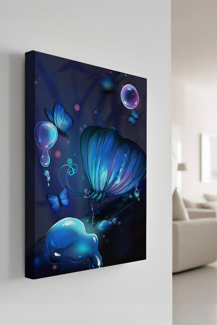 Illuminated Blue Butterflies with Glowing Bubbles in Enchanted Darkness