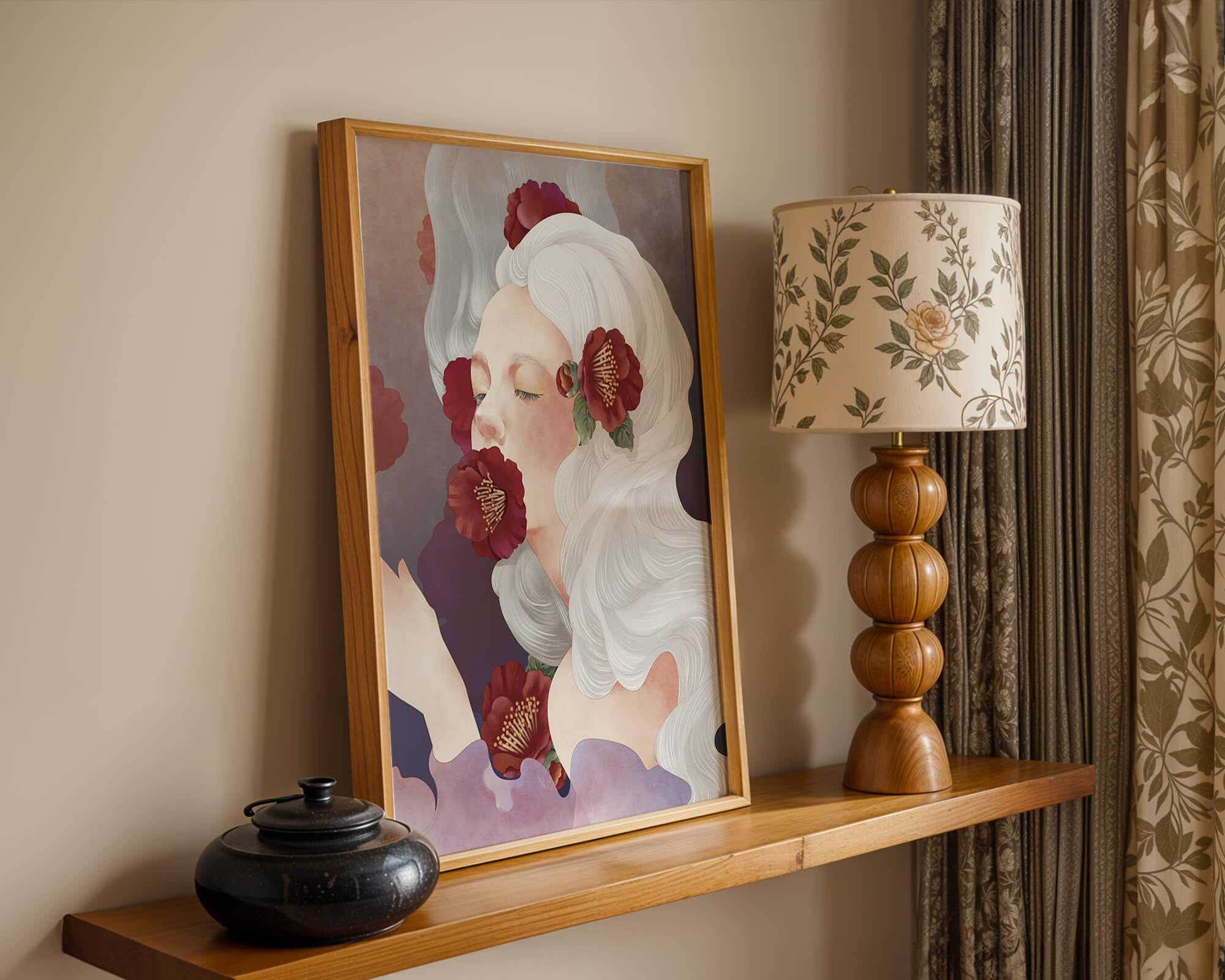 Dreamy Portrait of a Woman with White Hair and Red Flowers