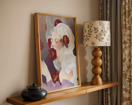Dreamy Portrait of a Woman with White Hair and Red Flowers