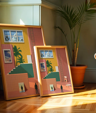 Surreale Architekturlandschaft mit tropischen Elementen und abstrakten Figuren
