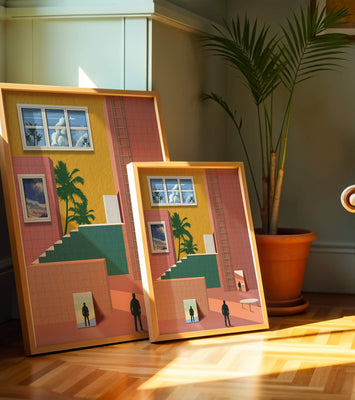 Surreal architectural landscape with tropical elements and abstract figures