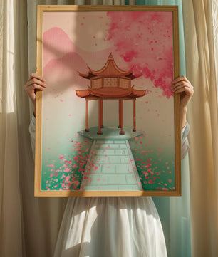 Traditioneller asiatischer Pavillon, umgeben von Kirschblüten