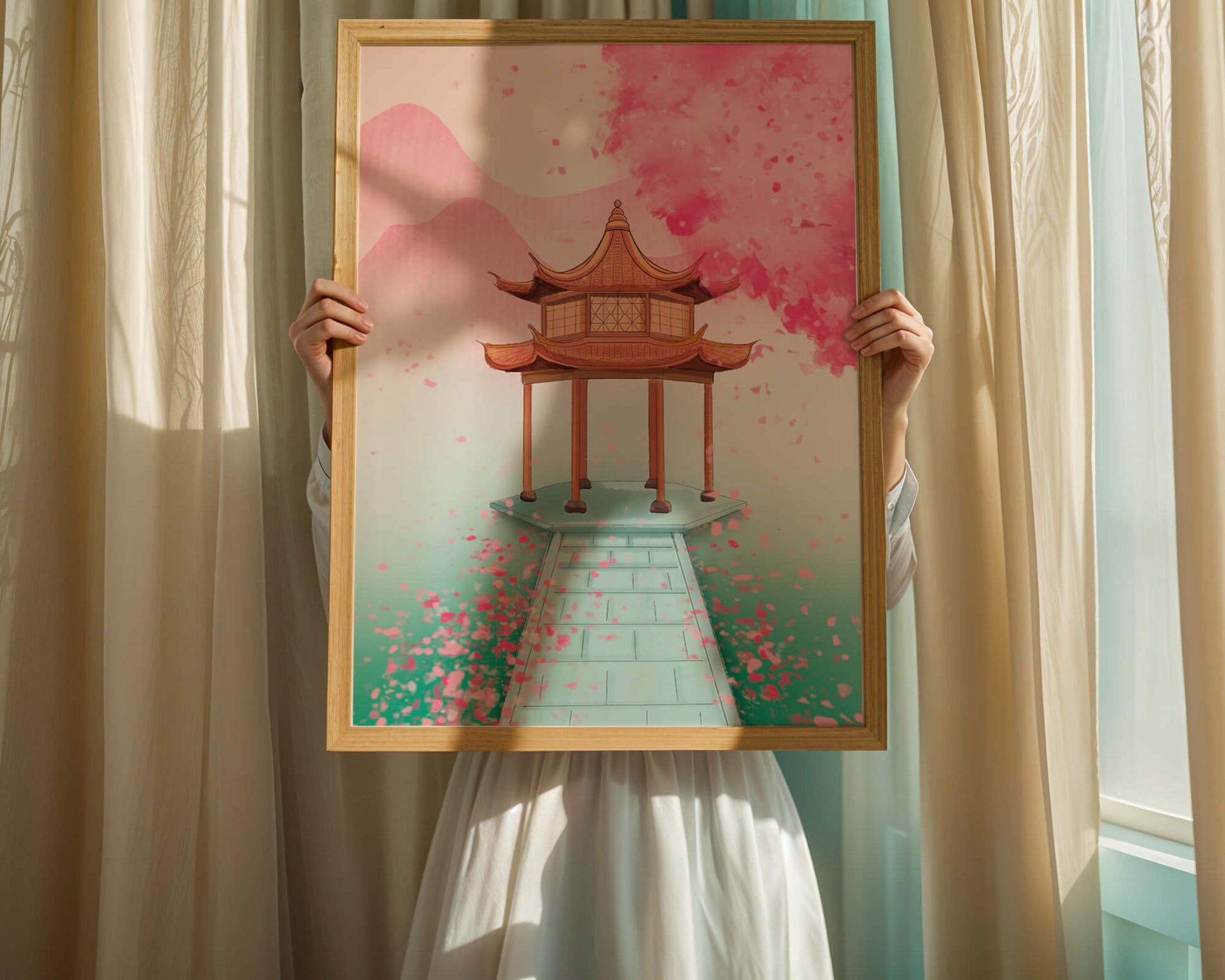 Traditional Asian gazebo surrounded by cherry blossoms