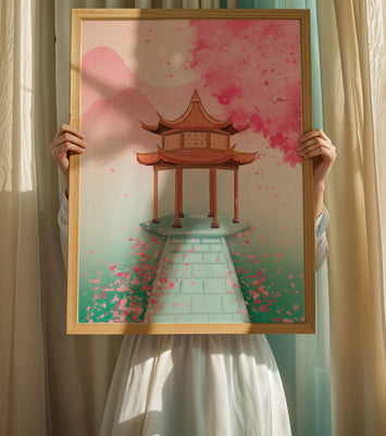 Traditional Asian gazebo surrounded by cherry blossoms