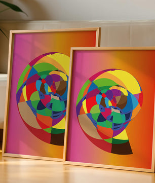 Vibrant abstract geometric shape with multicolored spiral on gradient background