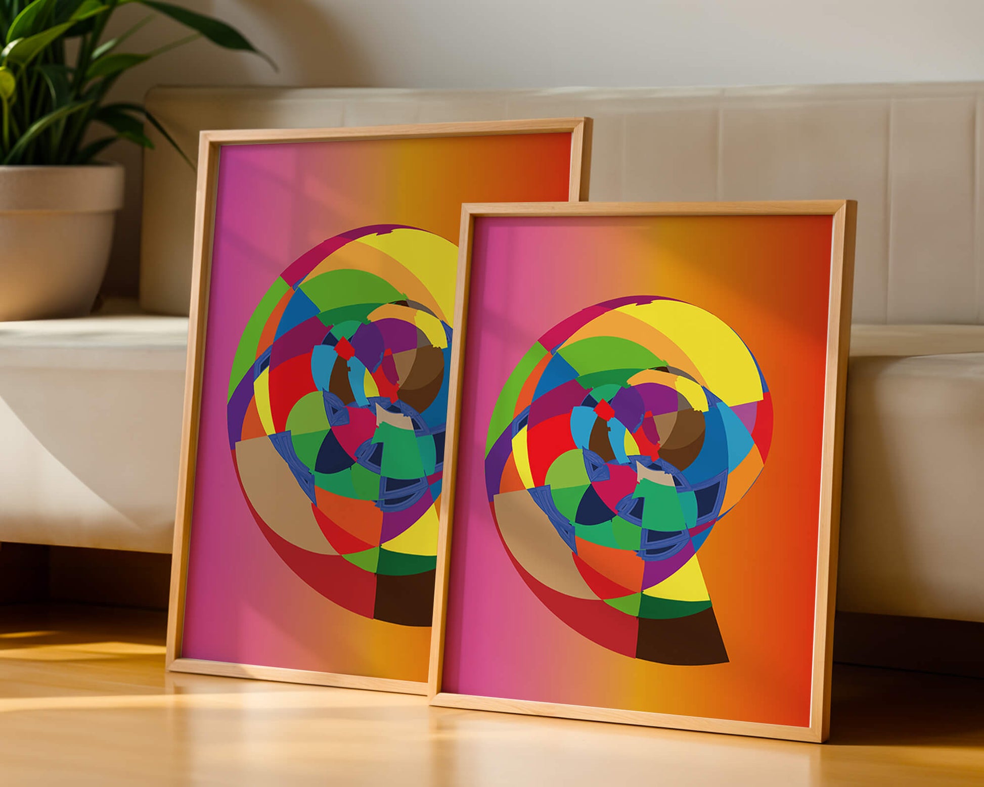 Vibrant abstract geometric shape with multicolored spiral on gradient background