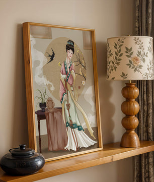 Elegante traditionelle asiatische Dame in klassischer Kleidung mit Naturelementen