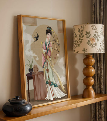 Elegant traditional Asian lady in classic attire with nature elements