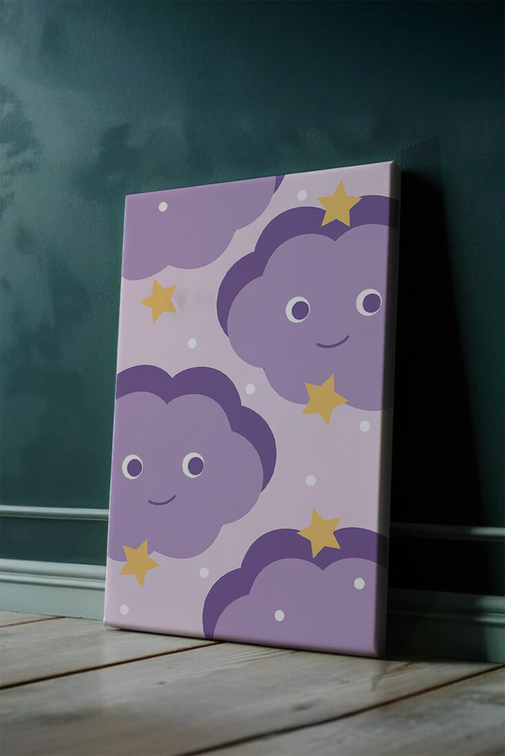 Whimsical purple cloud and star pattern for children's room decor