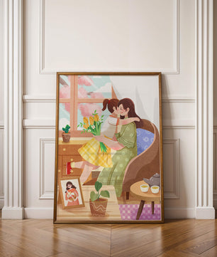 Mother and Daughter Embracing by the Window with Flowers