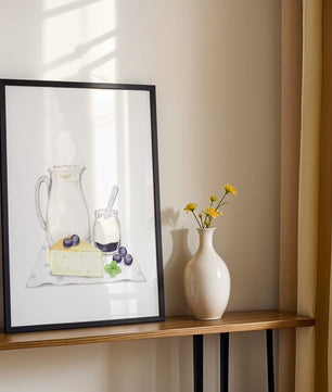 Illustration of dairy products with blueberries on polka dot cloth