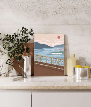 Coastal Landscape with Lighthouse and Artistic Fence at Sunset