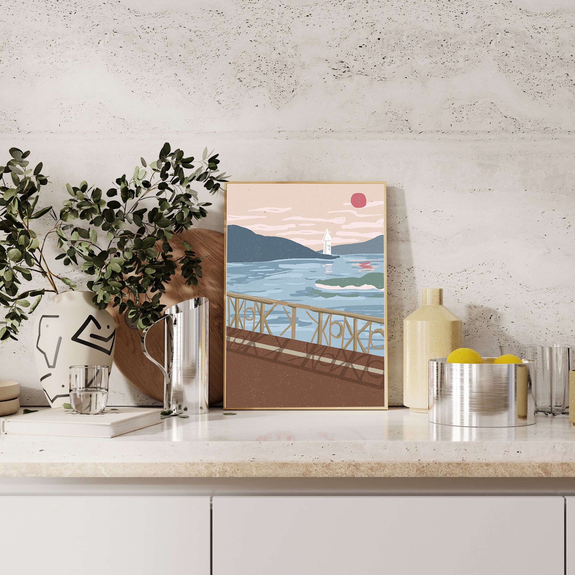 Coastal Landscape with Lighthouse and Artistic Fence at Sunset