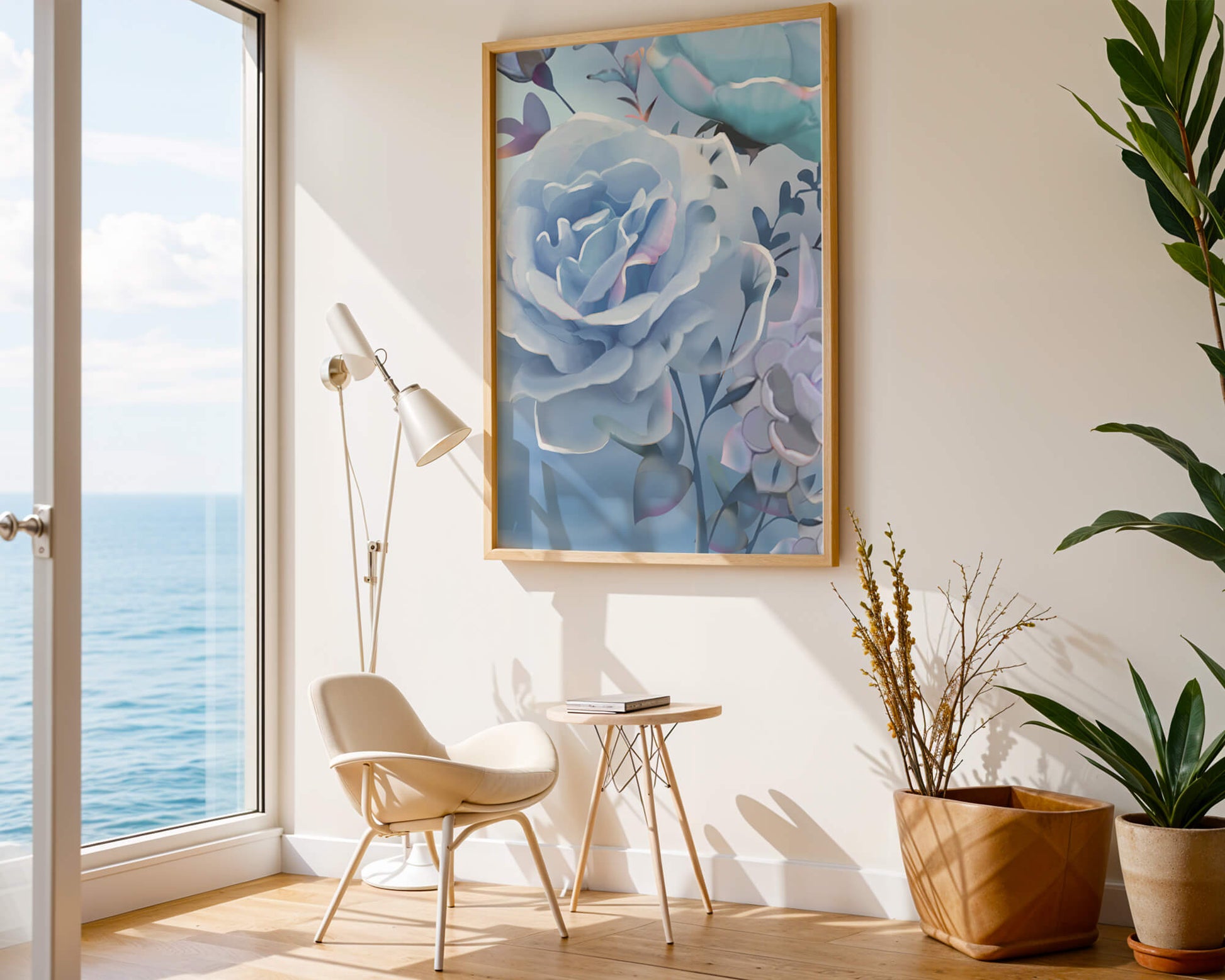 Rosas azules serenas con hojas delicadas sobre fondo suave