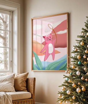 Pink Cat Holding Net in Whimsical Landscape